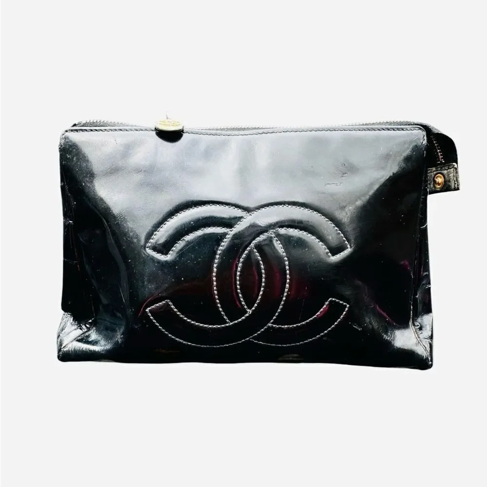 Chanel Black Pouch Bag with Iconic Logo added chain